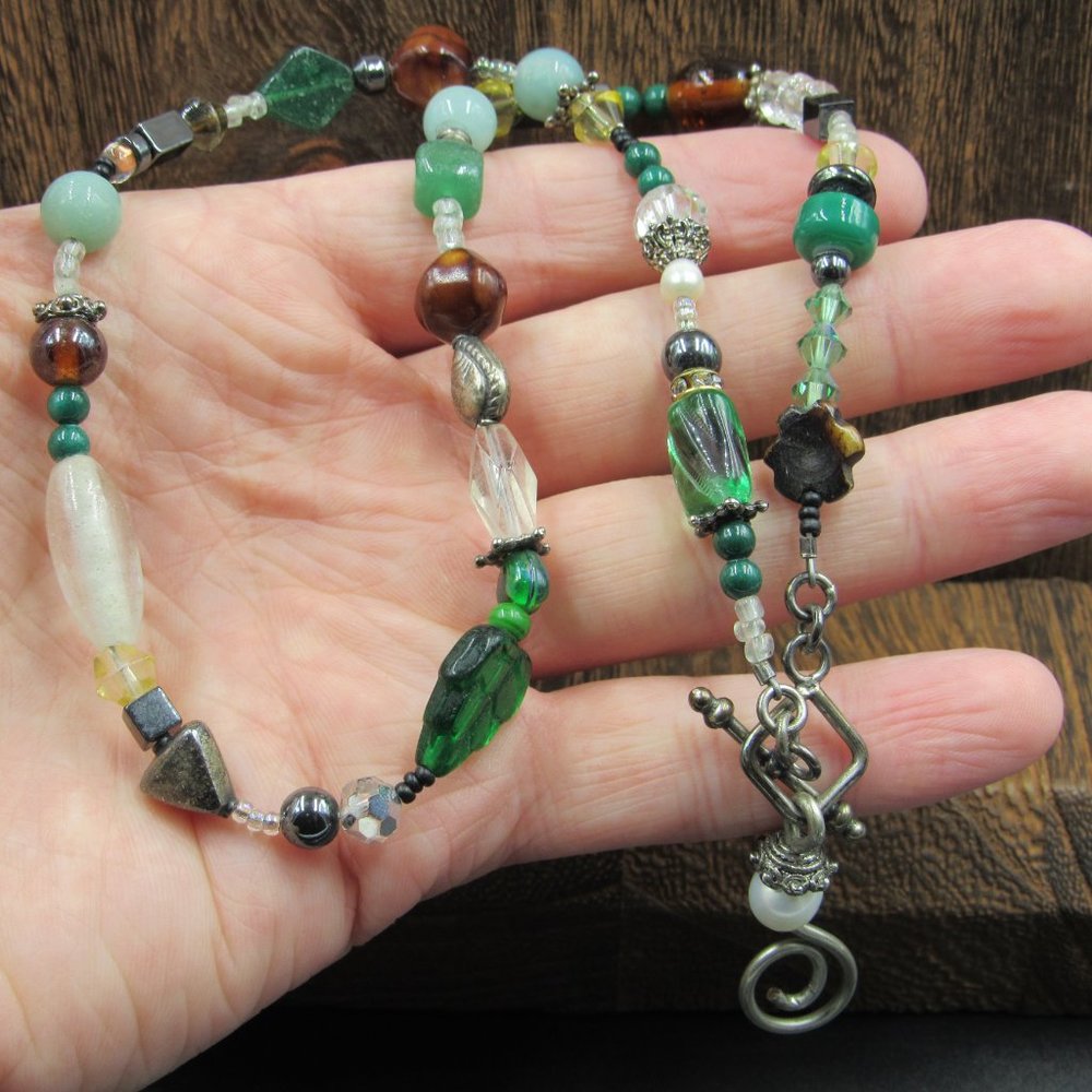 16" Sterling Silver Pearl Jade Chrysoprase Glass Necklace Vintage - Picture 3 of 7